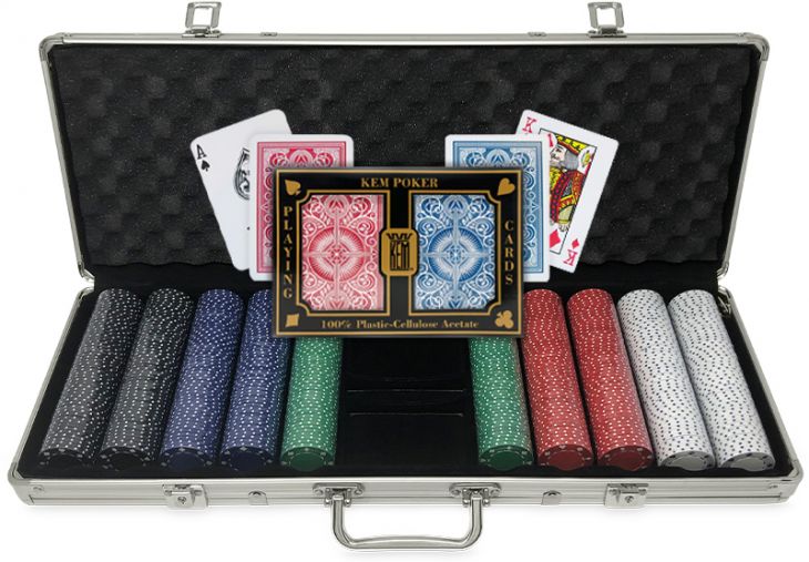 Kem Poker Chip Set: 500 11.5 Gram Card Suit Chips, Red and Blue Kem Arrow Decks in Aluminum Case main image